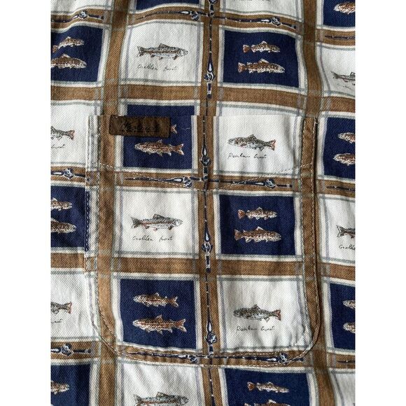 Vintage Woolrich Button Up Shirt Mens 2 XL Brown Blue Fish Print Made in USA - Picture 2 of 8
